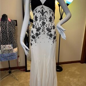 Black and White Embellished Backless Halter Gown